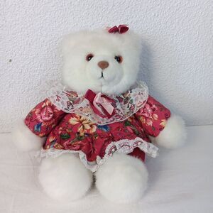 PCI 1990 Bear Plush White Fur Floral Cloth Body Dress Lace Ribbon Satin Bows Vtg